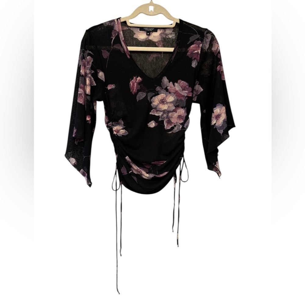 Karen Kane Womens Top Black Purple Floral Hankerchief Arms Sz M